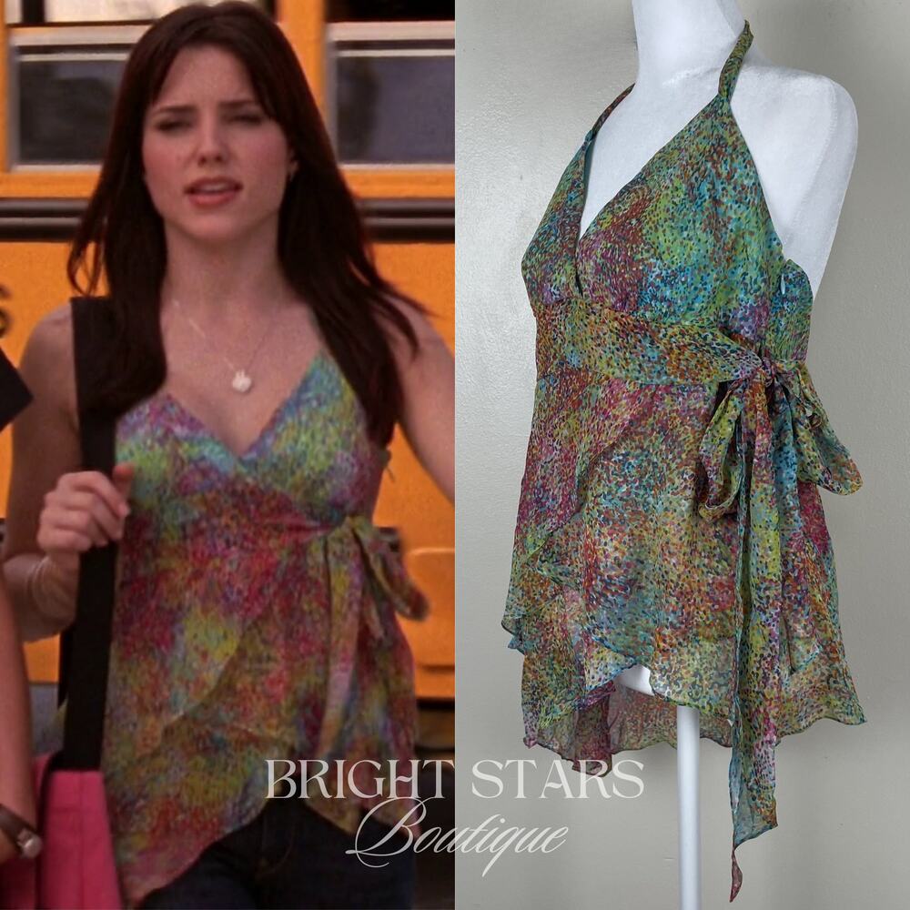 Rare Multicolor Silk Halter Top ASO Brooke Davis One Tree Hill Y2K Sophia Bush - Picture 2 of 8